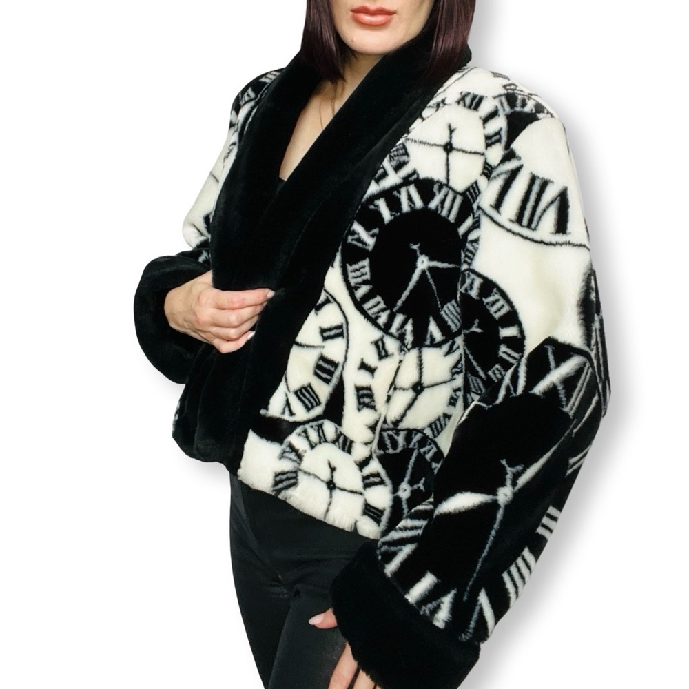 Vintage 80s Clock Picasso Art Print Faux Fur Coat Jacket Large XL 2X